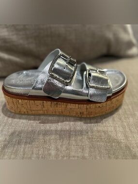 Brand New! J/SLIDES Silver Double-Buckle Cork Platform Sandal